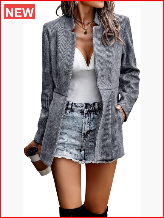 Jackets & Blazers - Polyester Wool Slim Fit Notch Lapel Open Front Blazer Jacket